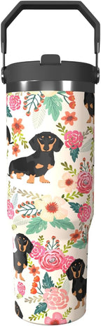 Dog Floral 30oz Tumbler with Top Handle Lid and Straw Insulated Water Bottle Travel Mug for Car Cup Office Coffe Mugs for Boy Girl Drink Hot and Cold (flowers)