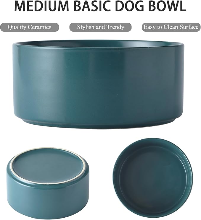 6'' Ceramic Dog Bowl - 30Oz Classic Dogs Food & Water Bowl for Small and Medium Breed Dogs, Heavy Duty Non-Slip Dog Dishes, Food Grade Stoneware Pet Bowl, Dishwasher & Microwave Safe, Green