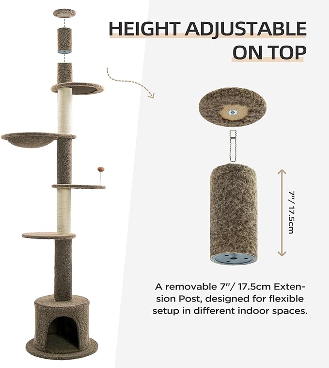 Made4Pets Floor to Ceiling Cat Tree 93-106'',Tall Cat Tower 5 Tiers, Adjustable Height, Stable Cat Tree Tower with Scratching Posts, Fluffy Condo, Hammock and Ball Toy for Indoor Cats/Kitten, Brown
