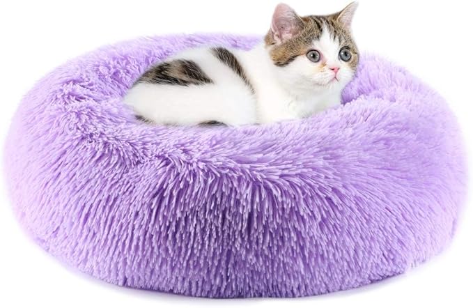 Cat Beds for Indoor Cats - Cat Bed Washable 20/24 inches, Dog Beds for Small Medium Dogs, Anti Anxiety Round Fluffy Plush Faux Fur Cat Bed, Thick Bottom (Purple, Medium)