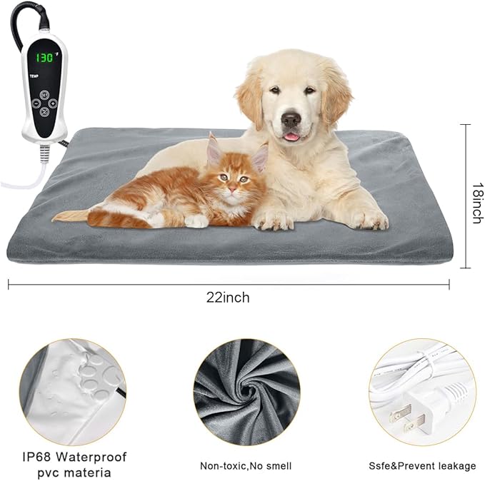 RIOGOO Pet Heating Pad, Upgraded Electric Dog Cat Heating Pad Indoor Waterproof, Auto Power Off (Large: 22"x 18", Grey)