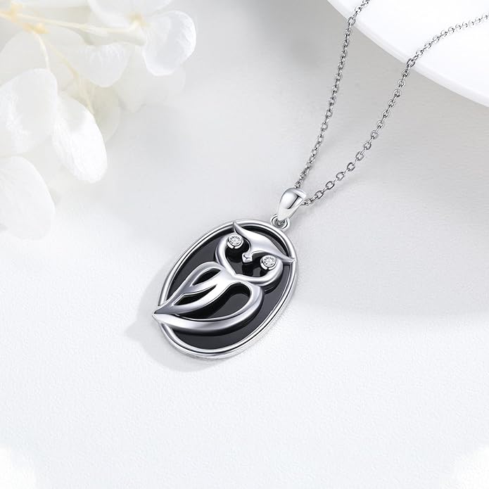 Black Cat/Fox/Owl/Panda/Butterfly/Cat/Dog Paw Print/Mushroom for Women Sterling Silver Animal Pendant Necklace Jewelry Christmas Birthday Gifts for Couples Sisters