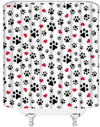Dog Paw Print Shower Curtain Pet Lovers Cute Kitten Cat Footprint Red Love Heart Abstract Geometric Drawing Style Animal Decor Boys Girls Polyester Fabric Bathroom Curtain 70 x 70 Inch