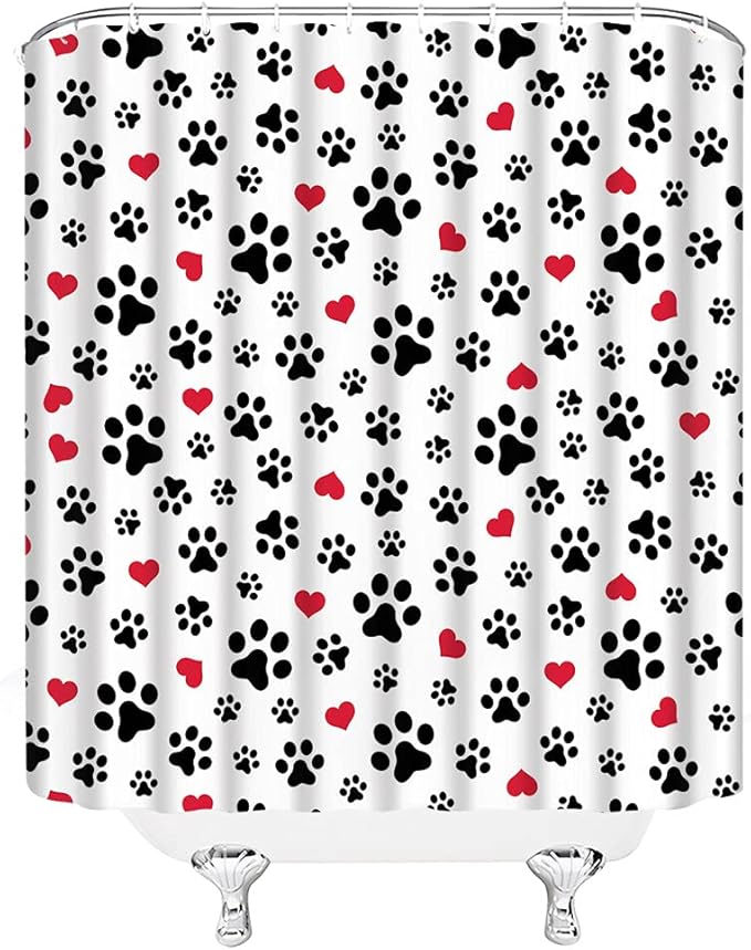Dog Paw Print Shower Curtain Pet Lovers Cute Kitten Cat Footprint Red Love Heart Abstract Geometric Drawing Style Animal Decor Boys Girls Polyester Fabric Bathroom Curtain 70 x 70 Inch