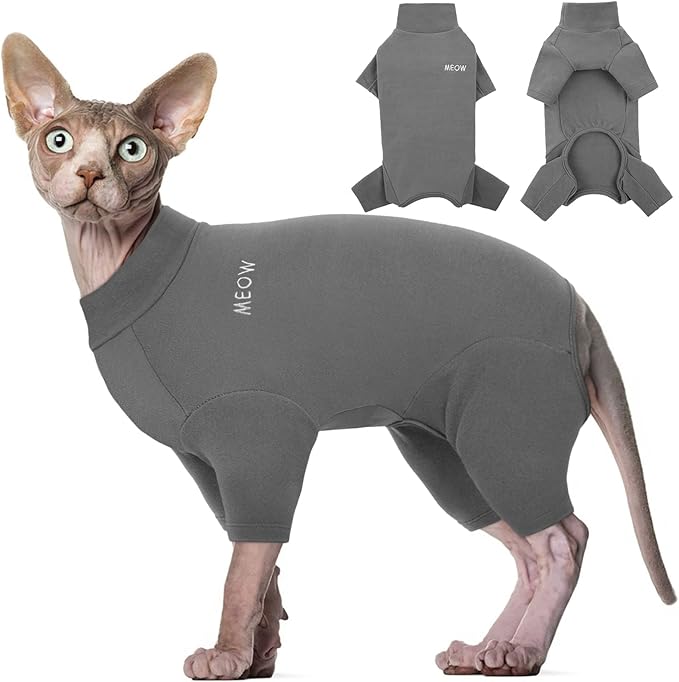 ROZKITCH Hairless Cat Clothes, Breathable Soft Jumpers for Sphynx Cats Only, Coat with Four Legs, Warm Sweater T-Shirt Pajamas Jumpsuit Vest Cornish Rex, Devon Rex, Peterbald Grey L