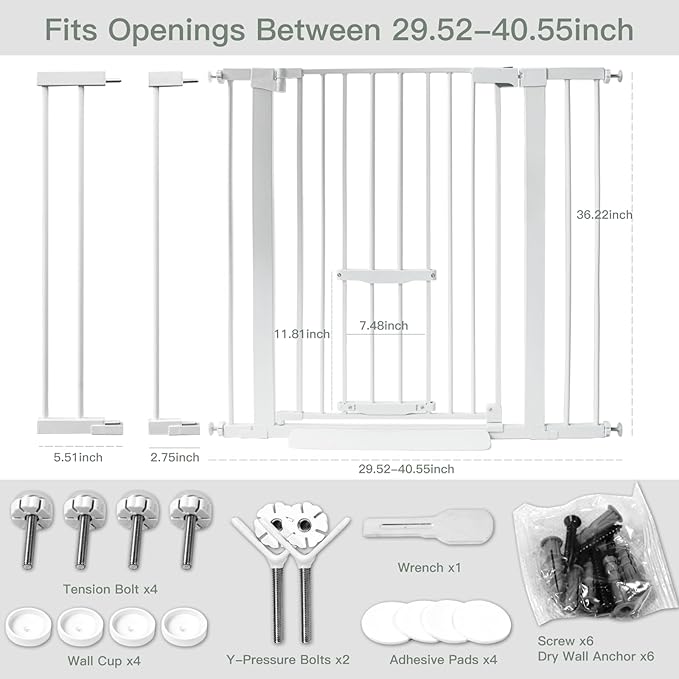 37 Inch Tall Baby Gate with Cat Door, Adjustable 29.55" and -40.55" Wide Auto Close Dog Gate Pressure Mounted Safety Pet Gate for Stairs, Doorway, House