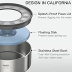 1Gallon No Spill Water Bowl for Dogs, Double-Wall Stainless Steel with Splash-Proof Paws Lid and Floating Disk, Non-Slip Base, Easy to Clean Slow Water Feeder for Large Medium Dogs