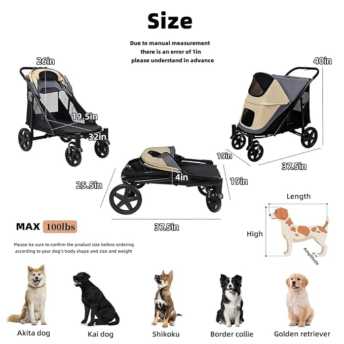 One-Click Folding Dog Stroller for 2 Dogs - 4 Wheel Jogger with Storage Pocket - Suitable for Pets Up to 110LBS (Beige & Grey)