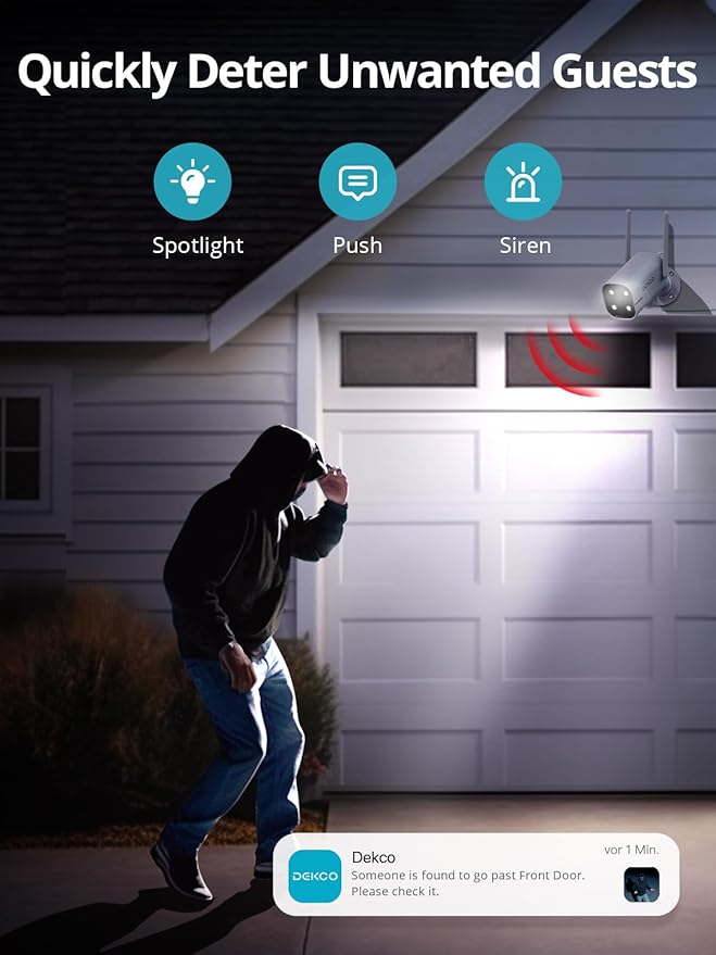 DEKCO 2 Pack Outdoor Security Camera with 2K Color Night Vision, Pan Rotating 180° Wired WiFi Camera Support 24/7 Recording, 2.4GHz WiFi, AI Human Auto Tracking, Work with Alexa/Google Assistant