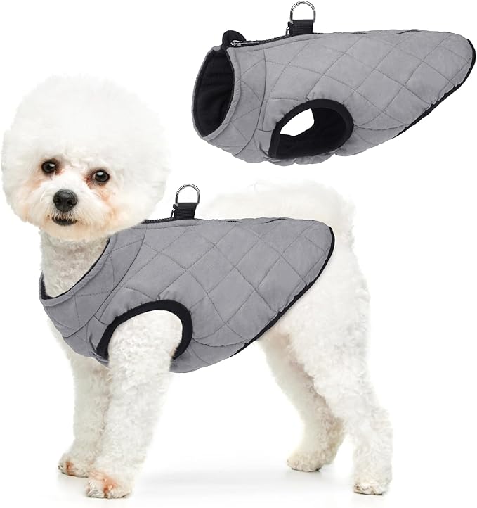 SCENEREAL Winter Dog Vest Coat with Harness Built In, Warm Puppy Jacket for Small Medium Dogs, Cold Weather Coat with Zipper, Fleece Puffer Vest Windproof Snow Clothes