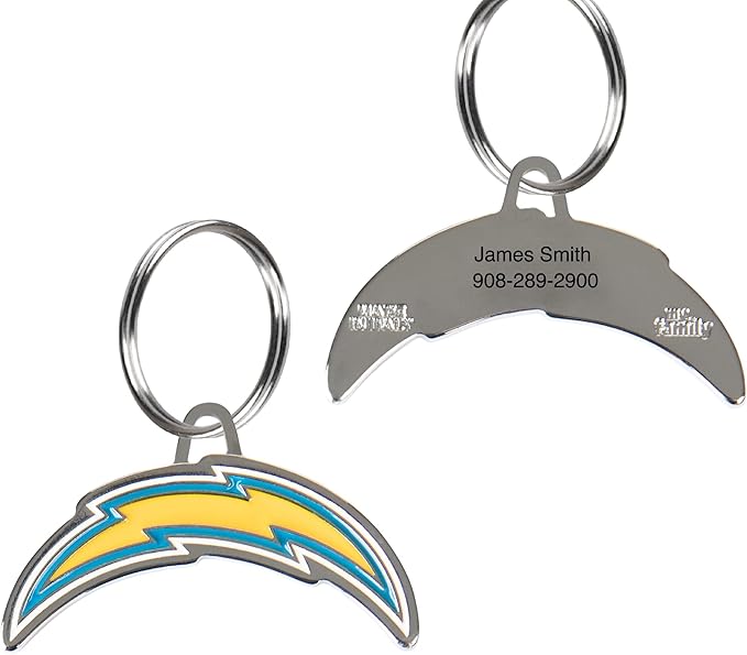 NFL Los Angeles Chargers Engraving Pet ID Tag in 32 Team Logo Shapes - Personalized Dog and Cat Tag With 3 Lines of Customizable Text for Tracking & Safety - Stainless Steel