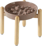 9.5inch Ceramic Dog Raised Slow Feeder Set, Elevated Bowl with Wooden Stand for Large Dog, Slow Feeder Dish for Fast Easters, Anti-Gulping(Brown Coffee, Single Bowl+ Stand)