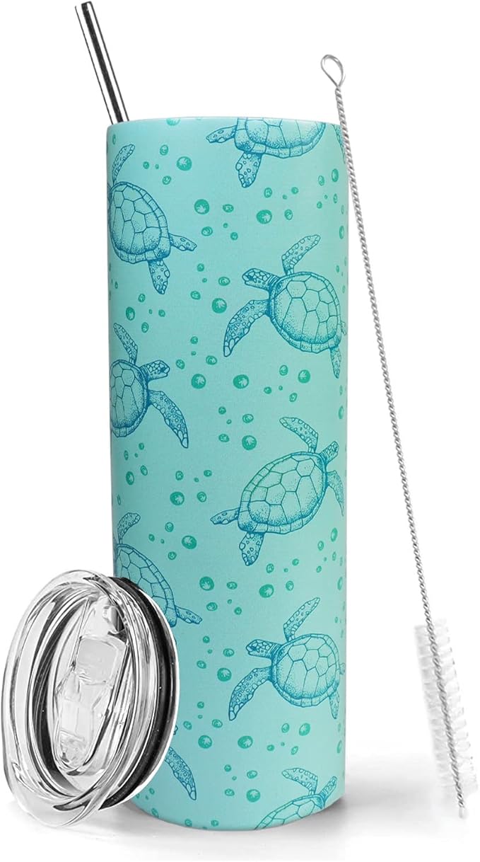 Sea Turtle Tumbler With Lid and Straw Sea Turtle Stuff Gifts for Women 20 oz Insulated Stainless Steel Skinny Tumbler Water Bottle Travel Mug Wine Cups