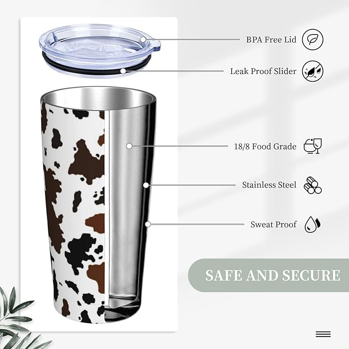 Cow Print Tumbler with Lid and Straw, 20 Oz Cup Stainless Steel Insulated Water Bottle Coffee Mug