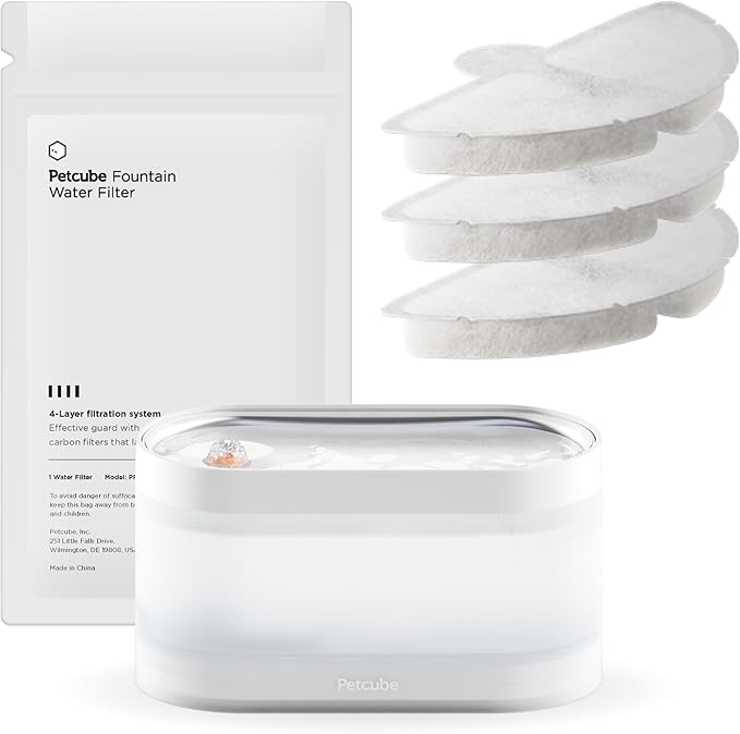 Petcube Bundle of Water Fountain with Stainless Steel Basin+3 Filters Pack | Automatic Wireless Fountain for Cats and Dogs, Easy to Clean, in-App Filter Control, Quiet Pump, Battery Operated