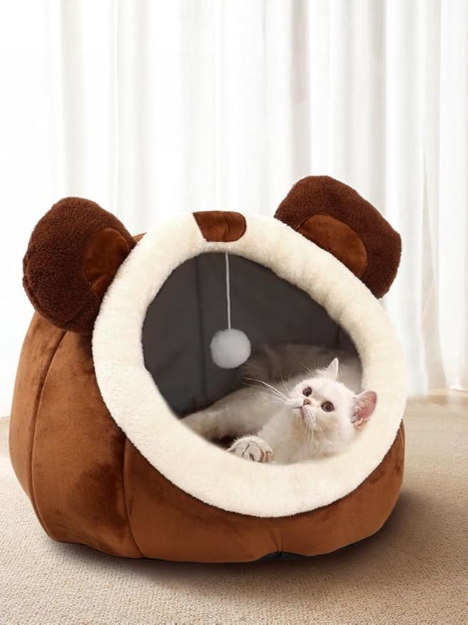 Lcybem Cat Beds for Indoor Cats - Cat Bed Cave with Removable Washable Cushioned Pillow, Soft Plush Premium Cotton No Deformation Pet Bed, Roomy Bear Cat House Design, Multiple Sizes-L
