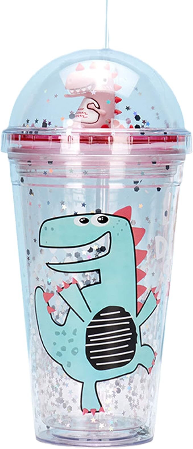 Dinosaur Cups with straw Travel Tumblers Water Bottle Ice Mugs Plastic Party Cup Birthday Gift (pink dinosaur, 6.5 * 20 cm)