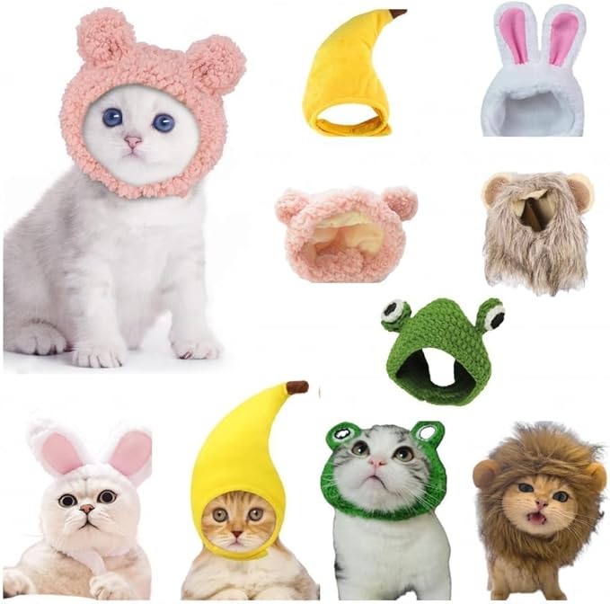 5 Pcs Cat Hats for Cats Only,Cute Lion Mane Bunny Frog Banana Bear Adjustable Headwear for Kittens,Easter Halloween Costume Accessory Headwear(Adorable Style)