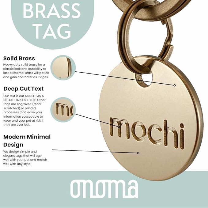 Solid Brass PET TAG - Modern, Minimal Pet IDs. Durable, Lifetime Tags with deep Cut Text. Includes Space for Two Phone Numbers. (Circle)