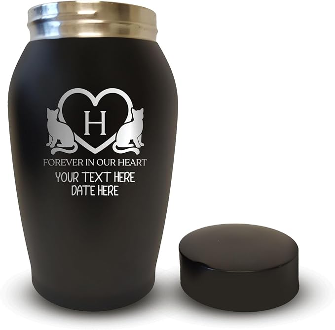 Personalized Custom Small Keepsake Urn Engraved with Pet Name, Date and Cat Design - 5.2" Black Powder Coated Steel Cremation Urn for Cat Ashes | 12-16 lb Capacity, Typography + Heart Border