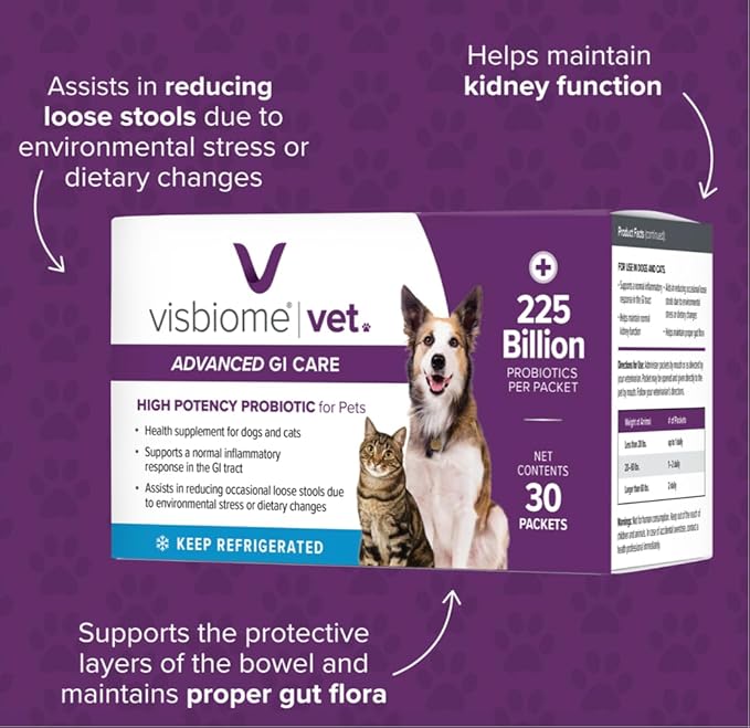 Visbiome® Vet Advanced GI Care High Potency Probiotic for Dogs & Cats – 225B CFU, 8-Strain Formula – Refrigerated, Veterinarian Recommended, Clean Label Certified – 90 Packets