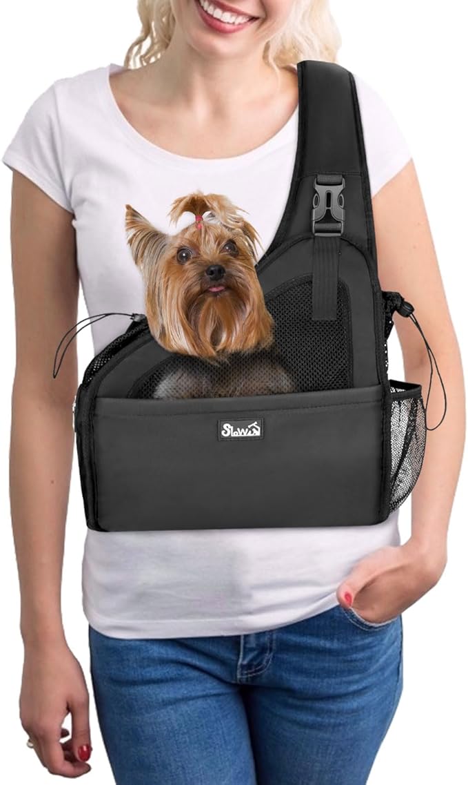 SlowTon Pet Dog Sling Carrier, Hands Free Hard Bottom Papoose Small Animal Puppy Up to 6 lbs Travel Bag Tote Breathable Mesh Support Adjustable Padded Strap Pocket Safety Belt(Widened Black)