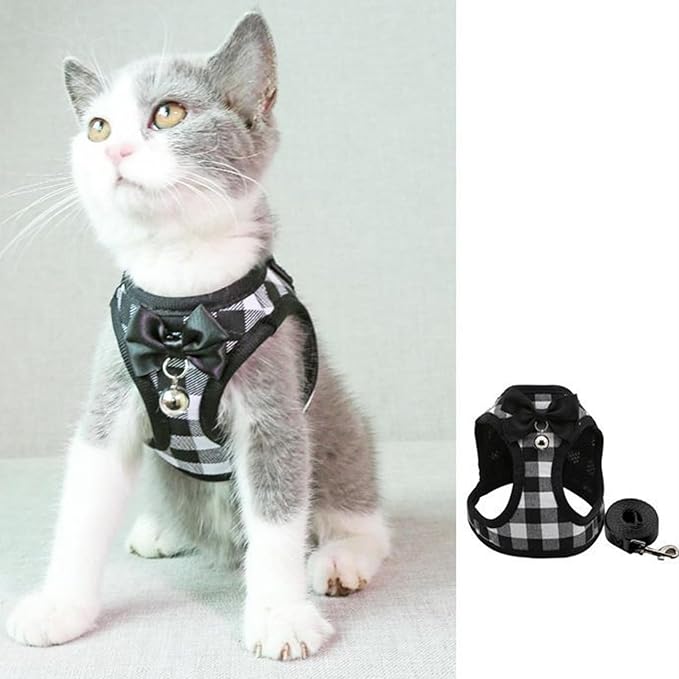 Cat Leashes and Harnesses for Walking,Breathable Soft Kittens Vest for Cats Dogs, Kitten Harness Escape Proof with Bell and Bow-Knot Decoration Christmas (XS, Black-White)