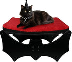 Halloween Gothic Cat Bed with Bat Design, Wooden Elevated Cat Beds with Sisal Scratching Mat, Cats Scratcher Bed with Removable Fluffy Cushion, Raised Pet Bed for Large Cats, 22" L x 17.7" W, Black