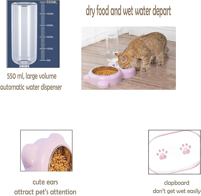 Rabbit Double Bowls Bunny Automatic Water Dispenser Detachable Stainless Steel Bowl No-Spill Water Bottle Food Feeder for Small Animals Bunny Squirrel Cat Puppy Chinchilla