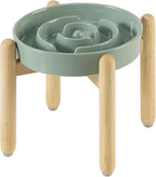 7.3inch Ceramic Raised Slow Feeder Dog Bowl Set, Elevated Wooden Stand for Medium and Small Dog, Puzzle Slow Dish, Preventing Choking(Light Green, Single Bowl+ Stand)