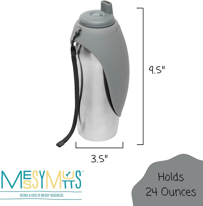 Messy Mutts Stainless Steel Travel Water Bottle with Silicone Flip Up Bowl | Pet Travel Necessity | Camping, Hiking, Walking Accessory | 24 oz / 700mL | Grey