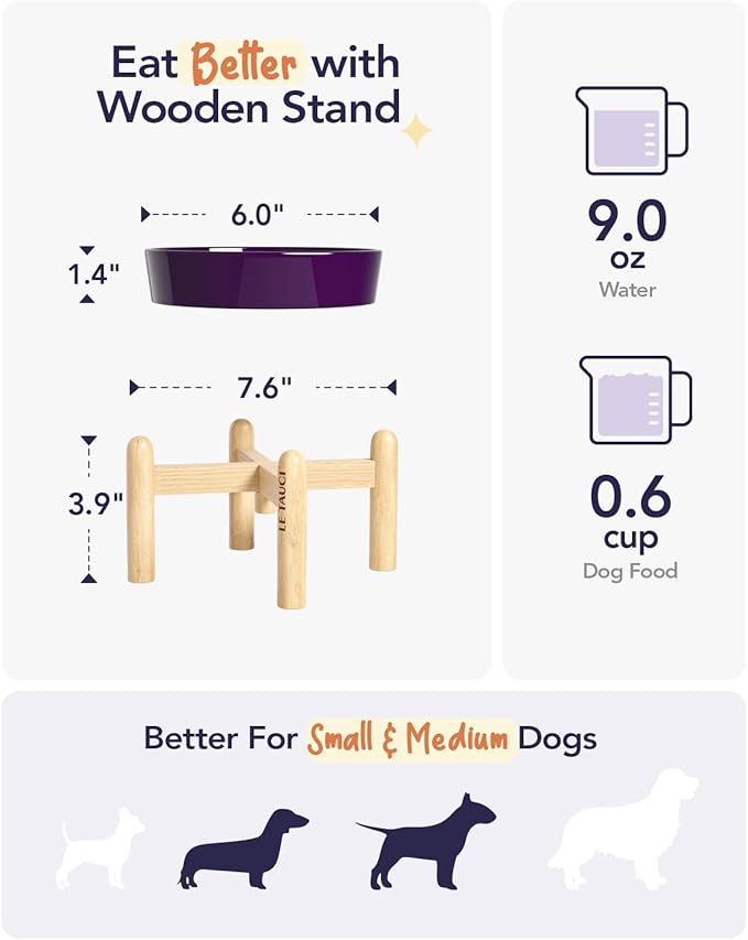 LE TAUCI Ceramic Slow Feed Dog Bowls, Elevated for Small Breeds, Anti-Gulping, Non-Slip, 6 inch, Purple