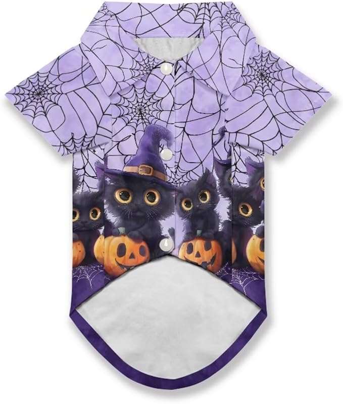 Black Cat Dog Halloween Shirt for Medium Dogs Puppy Polo T-Shirt with Collar Cute Holiday Costume for Chihuahua, Yorkie & Teacup Breeds Breathable Dog Apparel for Cat Boys Girls