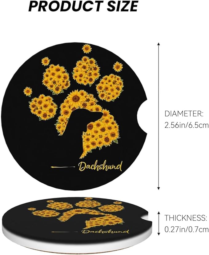 Absorbent Ceramic Car Coasters for Cup Holders, Dachshund Sunflower Dog Paw Design 2.56" Anti Slip Universal Drink Cup Coasters for Women Men (2 Pack)