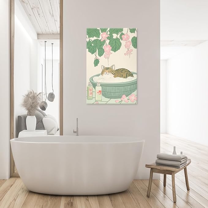 Vintage Tabby Cat in Bathtub Wall Art Funny Japanese Poster Print Relaxation Decor Cute Animal Pet Canvas Neutral Japan Painting for Bathroom Dorm Living Room Home Aesthetic 20x30inch Framed