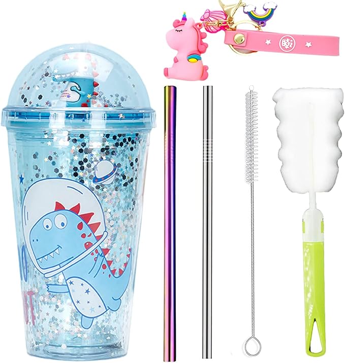 Dinosaur Cups with straw Travel Tumblers Water Bottle Ice Mugs Plastic Party Cup Birthday Gift (blue dinosaur, 6.5 * 20 cm)
