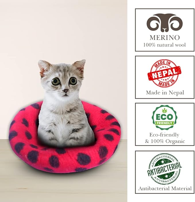 Woolygon Premium Felt Cat Cave Bed - Polka Dot Series - Wool Kitty Beds Handcrafted Kitten Caves Bed for Indoor Cats - Eco-Friendly Merino Wool, Foldable Cat Hideaway Cat Houses (Red/Black Dots)