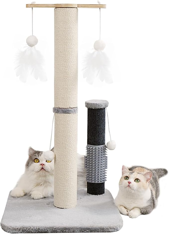 Cat Scratching Post, 29 Inch Tall Sisal Vertical Scratch Posts Cat Scratcher Scratching Deterrent with Cat Self Groomer Hair Brush and Dangling Plush Ball for Cats Small Kittens Christmas