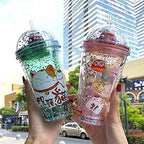 Lucky Cat Drinking Cups with Straw Kids Party Cup Kitten Travel Tumbler Ice Coffee Mugs Women Reusable Plastic Water Bottle Birthday Gift (green cat, 6.5 * 20 cm)