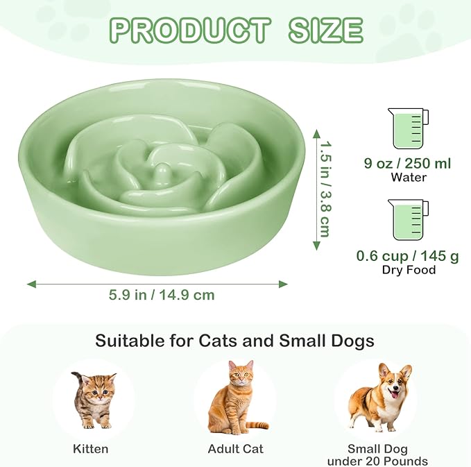 TRUVIC Ceramic Slow Feeder Dog Bowls Small Breed, 0.6 Cup Slow Feeder Cat Bowls for Fast Eaters, Ceramic Dog Food Dish no Black Chin, Puzzle Bowl for Small Dogs and Cats, Green
