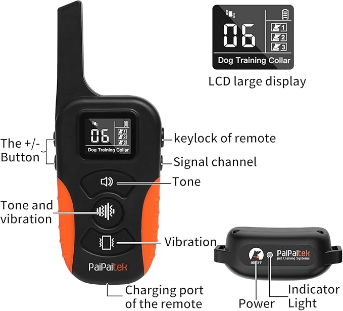 PaiPaitek Dog Vibration Collar with Controller No Shock, 3300ft Waterproof Training Dog Collar Beep and Vibrate Only, Security Lock & Rechargeable Vibrating Collar for Dogs 5-120 lbs - No Prongs