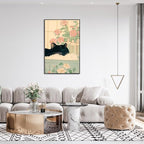 Relaxation Japanese Poster Print Cute Black Cat Wall Art Decor Bathtub Pink Flowers and Green Leaves Picture Canvas Minimalist Japan Artwork for Bathroom Bedroom Toilet 12x16inch Metal Black Frame