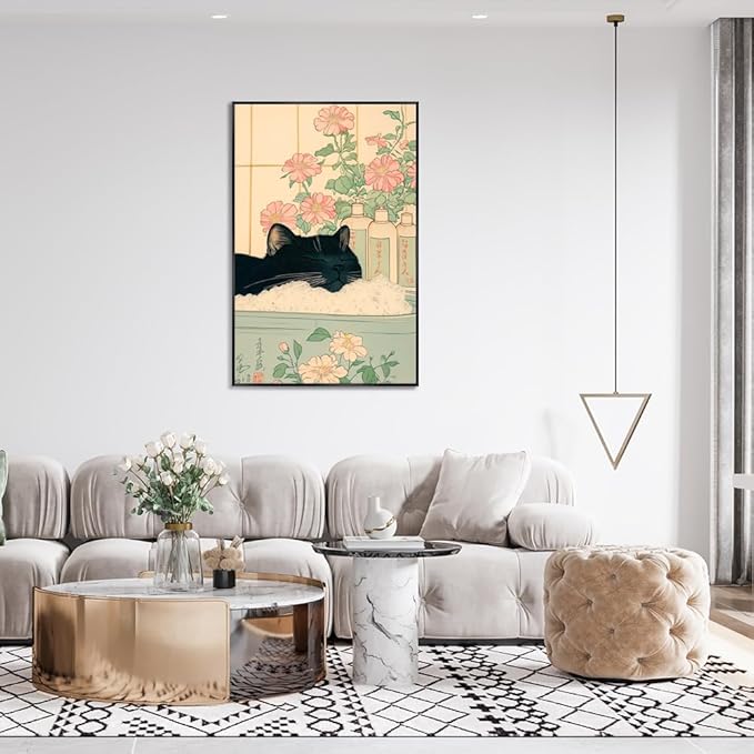 Relaxation Japanese Poster Print Cute Black Cat Wall Art Decor Bathtub Pink Flowers and Green Leaves Picture Canvas Minimalist Japan Artwork for Bathroom Bedroom Toilet 12x16inch Metal Black Frame