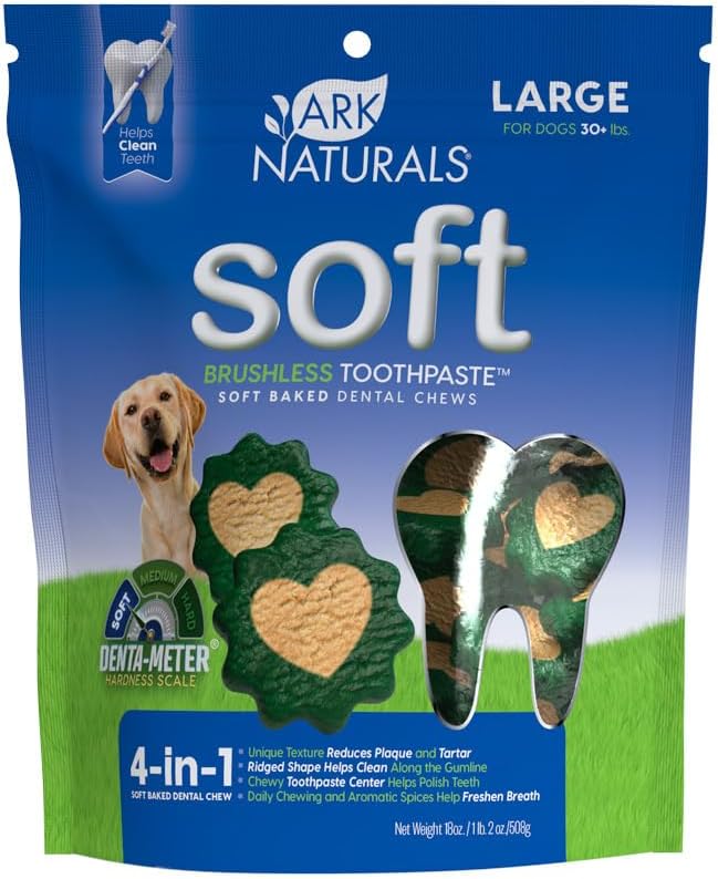 Ark Naturals Soft Brushless Toothpaste for Large Breeds, 18 oz Bag, Soft-Baked Dog Dental Chew with Toothpaste Center, Freshen Breath, Reduce Plaque & Tartar