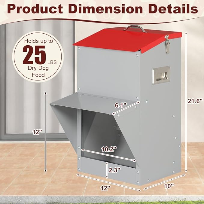 Automatic Dog Feeder with Handle, 25 Lbs Large Capacity Gravity Dog Food Dispenser for Outdoor & Indoor Use, Pet Food Station for Medium and Large Breeds (12'' L X 10'' W X 21.6'' H)