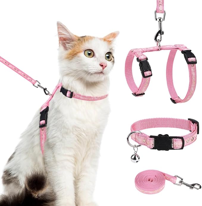 PAWCHIE Cat Harness with Leash and Collar Set - Escape Proof Adjustable H-shped Cat Harness with Star and Moon Pattern Glow in The Dark for Kitty Outdoor Walking, Pink M