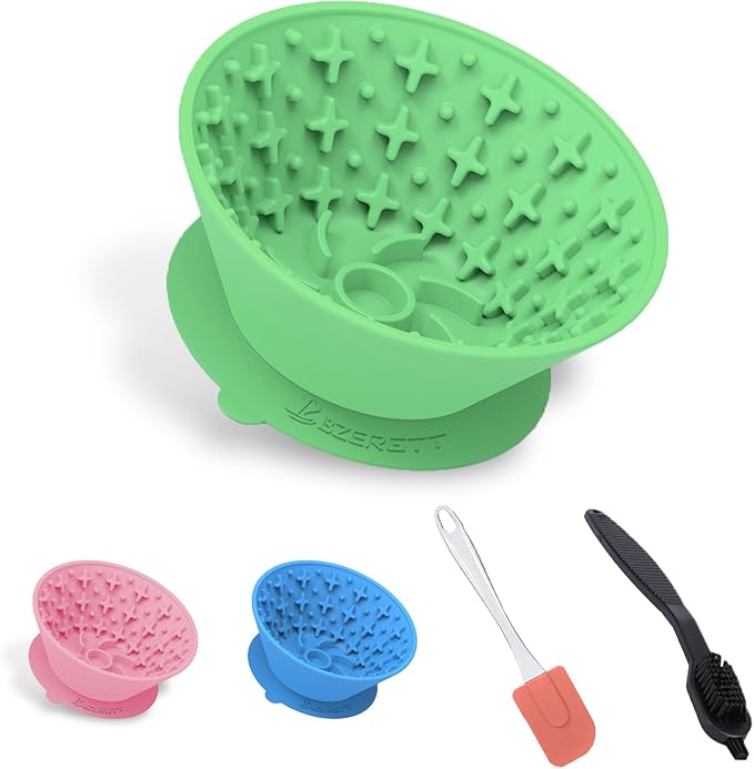 Dog Lick Bowl – Silicone Lick Mat for Dogs with Freeze Bone, Slow Feeder, Non-Slip Base, Includes Brush & Scraper, Large Opening for Anxiety Relief & Oral Health, Ideal for Frozen Treats (Green)