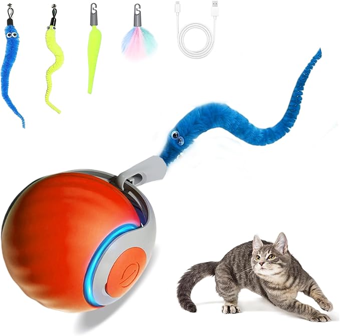 2025 New Upgrade Speedy Tail Cat Toy, Smart Interactive Pet Toys Comes with 4 Tails, Reinforced Version of The Cat Toys Balls, Two Speed Adjustment (Orange)