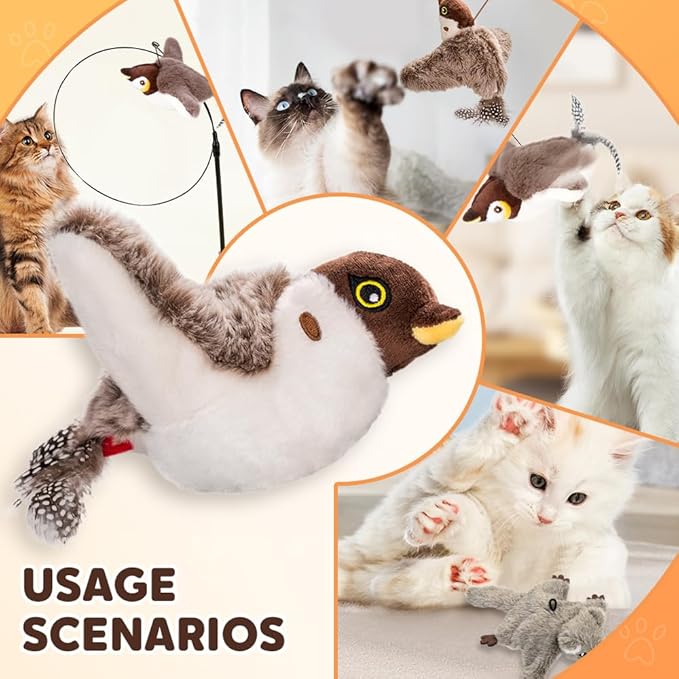 2026 New Interactive Chirping Bird Cat Toy, Flying Bird Cat Toy Stimulating Play for Bored Indoor Kittens Cats (Color-D)