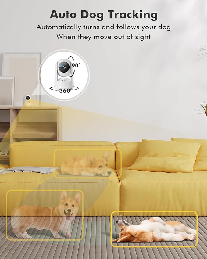Dzees Indoor Security Camera Pet Camera No Subscription, 2K 360° WiFi Cameras, Wired Dog Pet Camera with Phone App, MagicPix Night Vision, Calls, 2-Way Audio, 24/7, Motion Tracking, Privacy, 2.4Ghz